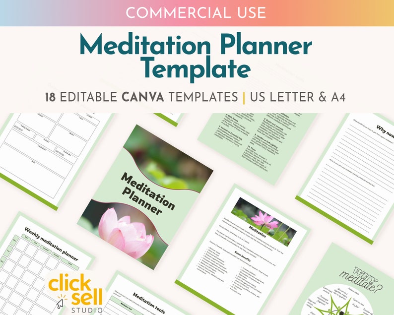 May include: A set of 18 printable meditation planner templates in US Letter and A4 sizes. The templates feature a green and white color scheme with a pink lotus flower design. The text on the templates includes "Meditation Planner", "Weekly Meditation Planner", "Meditation Tools", and "Why Meditate?"