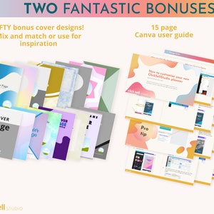 May include: Two bonus items for a ClickSellStudio planner: 50 cover designs in various colors and patterns, and a 15-page Canva user guide with instructions on how to customize the planner. The guide includes a "Pro tip" section.