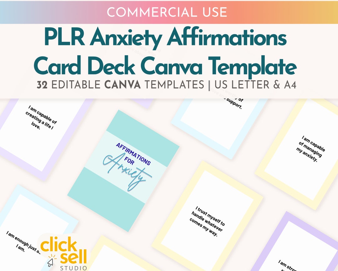 PLR Printable Anxiety Affirmation Card Deck Template Canva Editable DIY ...