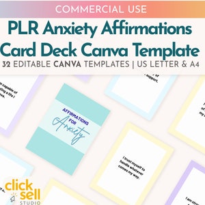 Op de afbeelding: Een kaartspel sjabloon voor PLR Anxiety Affirmations. De afbeelding toont kaarten met affirmaties, een centrale kaart met "Affirmations for Anxiety" en de tekst "32 Editable Canva Templates | US Letter & A4". De achtergrond is een zachte gradiënt.
