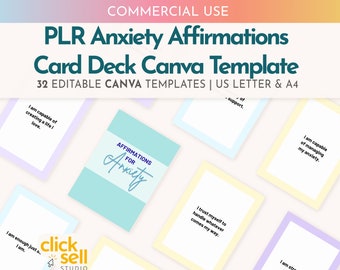 PLR Printable Anxiety Affirmation Card Deck Template Canva Editable DIY Cards for Resellers & Coaches Instant Download Commercial Use