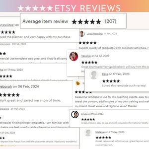 Pode incluir: Captura de tela de avalia&ccedil;&otilde;es do Etsy para um produto com uma classifica&ccedil;&atilde;o m&eacute;dia de 5 estrelas. As avalia&ccedil;&otilde;es s&atilde;o positivas e destacam a qualidade do produto, a facilidade de uso e o valor pelo dinheiro. As avalia&ccedil;&otilde;es s&atilde;o de clientes que usaram o produto para clientes de coaching, uso pessoal e fins comerciais.