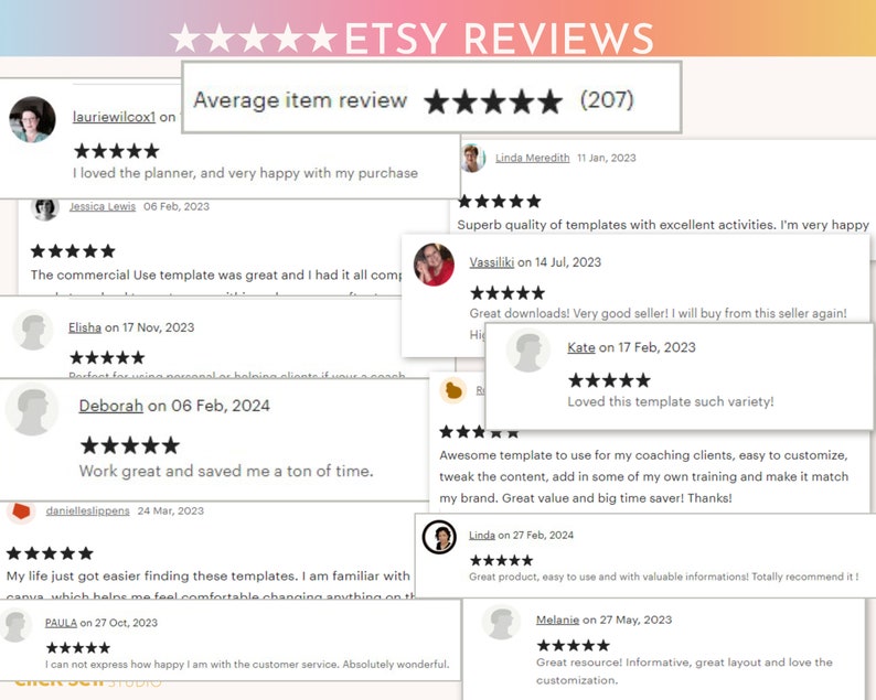 Pode incluir: Captura de tela de avalia&ccedil;&otilde;es do Etsy para um produto com uma classifica&ccedil;&atilde;o m&eacute;dia de 5 estrelas. As avalia&ccedil;&otilde;es s&atilde;o positivas e destacam a qualidade do produto, a facilidade de uso e o valor pelo dinheiro. As avalia&ccedil;&otilde;es s&atilde;o de clientes que usaram o produto para clientes de coaching, uso pessoal e fins comerciais.