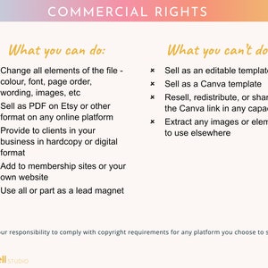 Pode incluir: Um gr&aacute;fico com um fundo degrad&ecirc; rosa, laranja e amarelo. O texto "COMMERCIAL RIGHTS" est&aacute; em fonte dourada. O gr&aacute;fico lista o que voc&ecirc; pode e n&atilde;o pode fazer com um produto digital que voc&ecirc; comprou. Voc&ecirc; pode alterar os elementos do arquivo, vend&ecirc;-lo como PDF, fornec&ecirc;-lo aos clientes, adicion&aacute;-lo a sites de membros e us&aacute;-lo como um &iacute;m&atilde; de leads. Voc&ecirc; n&atilde;o pode vend&ecirc;-lo como um modelo edit&aacute;vel, vend&ecirc;-lo como um modelo Canva, revend&ecirc;-lo, redistribu&iacute;-lo ou compartilhar o link Canva. Voc&ecirc; tamb&eacute;m n&atilde;o pode extrair imagens ou elementos para usar em outro lugar.