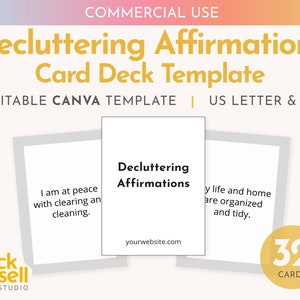 Decluttering Affirmations card deck editable Canva template | COMMERCIAL USE | customisable cards for counsellors coaches and resellers