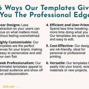 Peut inclure: Un graphique avec un fond bleu sarcelle et du texte blanc d&eacute;crivant six fa&ccedil;ons dont les mod&egrave;les peuvent vous donner un avantage professionnel. Le texte comprend&nbsp;: Designs clairs, Hautement personnalisables, Professionnalisme &eacute;l&eacute;gant, Efficace et convivial, Rentable et polyvalent.