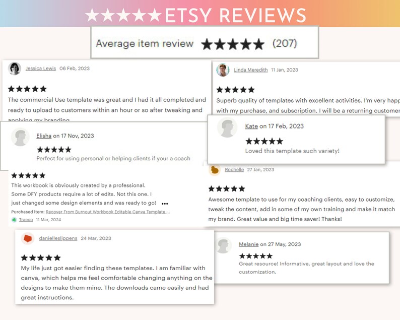 Peut inclure: Une capture d'&eacute;cran d'avis Etsy pour un produit num&eacute;rique. Les avis sont positifs et mettent en avant la facilit&eacute; d'utilisation, la qualit&eacute; et la valeur du produit. Le produit est d&eacute;crit comme un mod&egrave;le, un classeur et un outil de coaching.