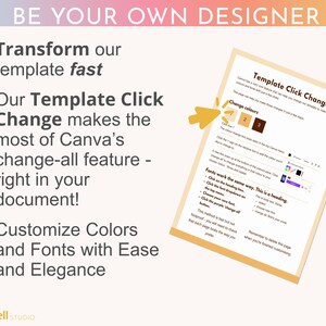Pode incluir: Um modelo de design gr&aacute;fico com o texto "Template Click Change" e instru&ccedil;&otilde;es sobre como alterar as cores e as fontes no Canva. O texto "Be Your Own Designer" est&aacute; no topo da imagem.