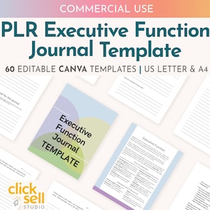 Puede incluir: Una maqueta de producto digital para una plantilla de diario de funciones ejecutivas imprimible. La imagen muestra una variedad de páginas con papel rayado, una página de título con el texto "Plantilla de diario de funciones ejecutivas", y una página con el texto "Tu objetivo para este diario". La imagen también incluye el texto "60 plantillas de Canva editables | US Letter & A4".