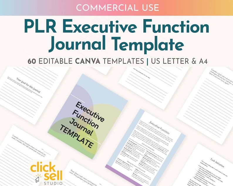Peut inclure: Une maquette de produit num&eacute;rique pour un mod&egrave;le de journal imprimable sur les fonctions ex&eacute;cutives. L'image montre une vari&eacute;t&eacute; de pages avec du papier lign&eacute;, une page de titre avec le texte "Mod&egrave;le de journal des fonctions ex&eacute;cutives", et une page avec le texte "Votre objectif pour ce journal". L'image comprend &eacute;galement le texte "60 mod&egrave;les Canva modifiables | US Letter & A4".