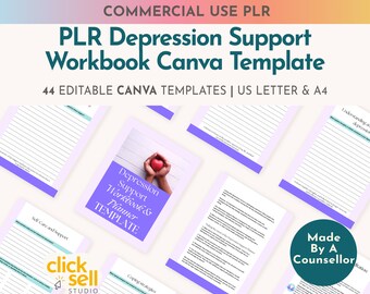PLR Depression Support Workbook Editable Canva Template Commercial Use Instant digital download For Printable Resellers Coaches & Therapists