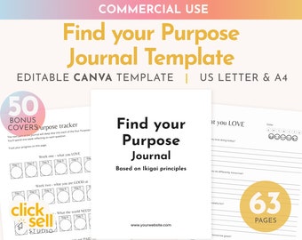 Find your purpose journal editable Canva template | COMMERCIAL USE | A4/US letter sizes | customisable journal using ikigai principles