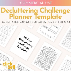 Decluttering Challenge Editable Canva Template | Commercial Use | Instant digital download | 30 day challenge planner template with tracker