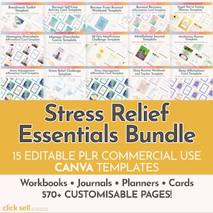 Stress Relief Essentials Canva Bundle PLR Templates Commercial Use Fully Customisable Workbooks Journals Planners and Cards