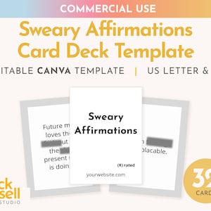 Sweary Affirmation 32 Card Deck Editable Canva Template / USO COMERCIAL / Deck de cartas estándar Tarjetas personalizables de 2.5x3.5 pulgadas y página completa