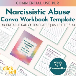 Plantilla editable de Canva para libro de trabajo sobre recuperación del abuso narcisista / Uso comercial y personal / Tamaños de carta A4/EE. UU. / Coaching PLR