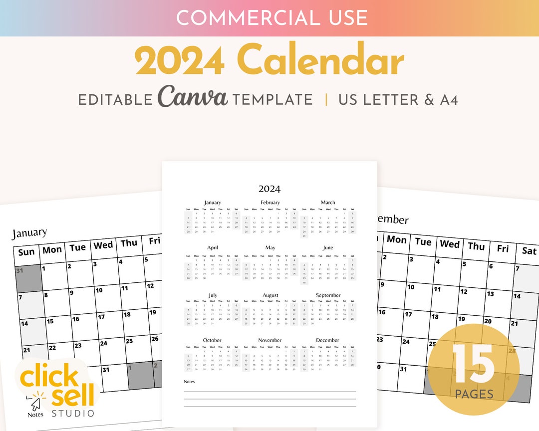 Buy 2024 Calendar Editable Canva Template Commercial Use Online in ...
