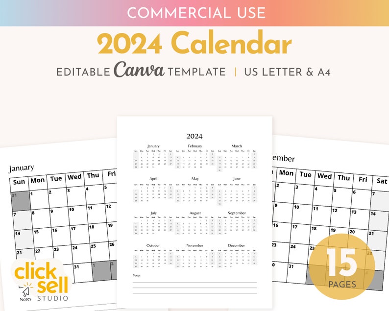 2024 Calendar Editable Canva Template Commercial Use Etsy Canada
