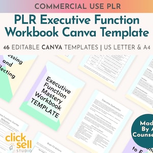 May include: A digital product for sale, a Canva template for an executive function workbook. The template is designed for use with US Letter and A4 paper sizes. The image shows a variety of pages from the workbook, including a self-assessment, a brain fit actions page, and a reflection page. The text "Made By A Counsellor" is visible in the lower right corner of the image.
