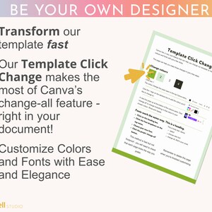 May include: A green arrow points to a section of a document titled "Template Click Change". The document explains how to use Canva's "Click to Change" feature to customize colors and fonts in a template. The text "Transform our template fast" is visible in the top left corner of the image.
