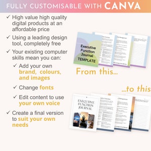 Peut inclure: Un mod&egrave;le de journal num&eacute;rique pour la fonction ex&eacute;cutive, montrant une image avant et apr&egrave;s. L'image avant montre un mod&egrave;le de base avec le texte "Mod&egrave;le de journal de la fonction ex&eacute;cutive". L'image apr&egrave;s montre un mod&egrave;le personnalis&eacute; avec un fond color&eacute;, une pose de yoga et le texte "Journal de la fonction ex&eacute;cutive".