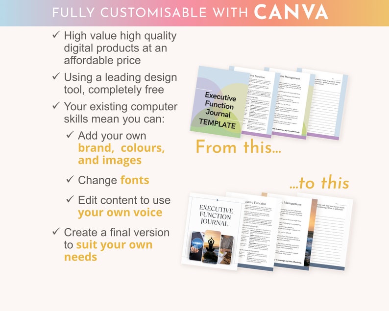 Peut inclure: Un mod&egrave;le de journal num&eacute;rique pour la fonction ex&eacute;cutive, montrant une image avant et apr&egrave;s. L'image avant montre un mod&egrave;le de base avec le texte "Mod&egrave;le de journal de la fonction ex&eacute;cutive". L'image apr&egrave;s montre un mod&egrave;le personnalis&eacute; avec un fond color&eacute;, une pose de yoga et le texte "Journal de la fonction ex&eacute;cutive".