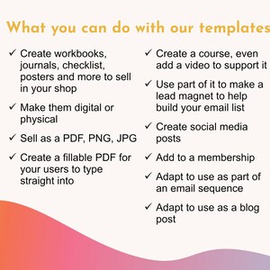 Peut inclure: Une liste de fa&ccedil;ons d'utiliser des mod&egrave;les num&eacute;riques, notamment la cr&eacute;ation de cahiers d'exercices, de journaux, de listes de contr&ocirc;le, d'affiches, de cours, d'aimants &agrave; prospects, de publications sur les m&eacute;dias sociaux, etc.
