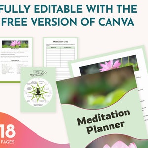 May include: A green and white printable meditation planner with 18 pages. The cover features a pink lotus flower and the text "Meditation Planner".