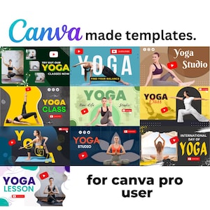 以下が含まれることがあります： ヨガスタジオ、クラス、レッスン用のカラフルなCanvaテンプレート9つ。各テンプレートにはヨガのポーズが描かれており、「ヨガ」というテキストと再生ボタンのアイコンが含まれています。
