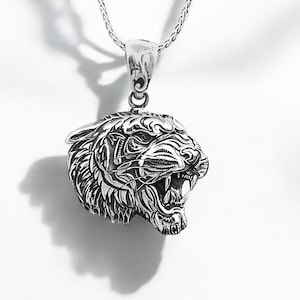 Sterling Silver Tiger Head Necklace for Men - Handmade Warrior Pendant - Animal Lover Gift