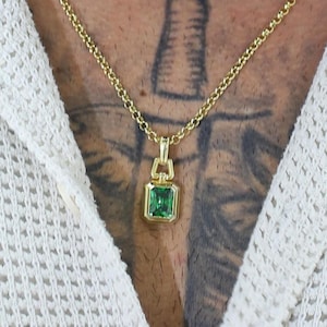 14K Gold Plated Silver Necklace with Green Gemstone, Emerald Cut Pendant Charm,Minimalist Birthstone Jewelry