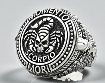Scorpio Zodiac Skull Ring - Sterling Silver Gothic Biker Jewelry for Men
