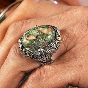 Mens Sterling Silver Eagle Ring with Turquoise Stone: Rustic Western Style Jewelry