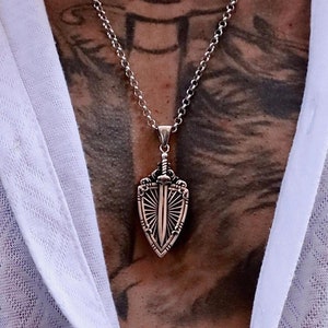 Sterling Silver Medieval Sword and Shield Mens Necklace - Knight Inspired Gift