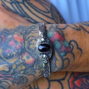 Sterling Silver Skull Cuff Bracelet with Black Onyx – Handcrafted Gothic Biker Jewelry for Men