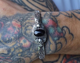 Sterling Silver Mens Biker Bracelet with Gothic Onyx Skull Design - Perfect Gift Idea - Labor Day Gift