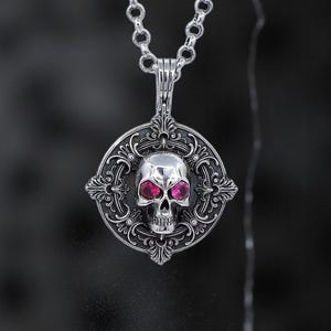 Sterling Silver Skull Pendant for Men – Gothic Ruby Eyes Biker Jewelry Gift - Dark Elegance