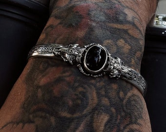 Handcrafted Sterling Silver Onyx Cuff Bracelet for Men - Gothic Viking Bangle - Timeless Gift