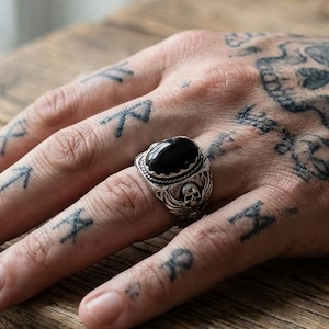 Gothic Silver Skull Signet Ring for Men with Black Onyx Gemstone - Unique Biker Jewelry