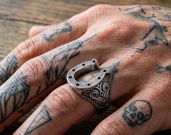 Men's Unique Horseshoe Lucky Ring - 925 Sterling Silver Western Style Jewelry