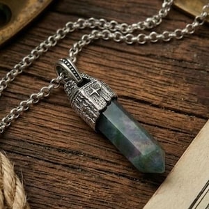 Collana con Boussole in Agata Muschiata da Uomo - Pezzo Artigianale Vintage in Argento Sterling