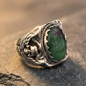 Gothic Mens Skull Ring - Ruby Zoisite & Sterling Silver Statement Jewelry