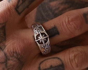 Sterling Silver Compass Ring for Men – Nautical Ocean Wave Sailor Jewelry Gift