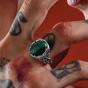 Handcrafted Silver Malachite Ring with Illuminati Detail - Biker Jewelry - Statement Accessories
