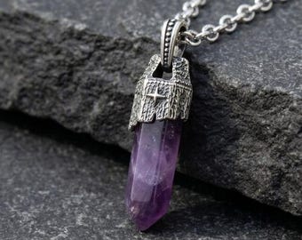 Collana con Pendente Amuleto Nautico Vintage in Argento Sterling con Ametista per Uomo