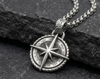 Nautical Sterling Silver Compass Pendant Necklace for Men - Unique Ocean Lover Jewelry