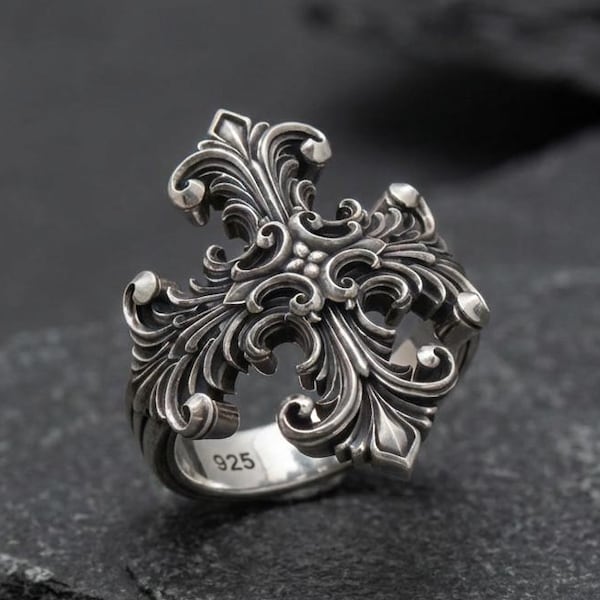 Engraved Baroque Cross Ring for Men - Silver Christian Faith Statement Jewelry Gift