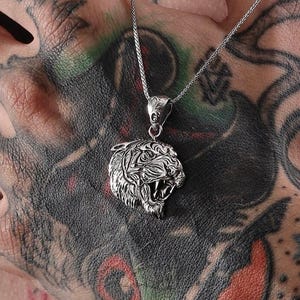 Tiger Head Pendant Necklace for Men - Sterling Silver Warrior Jewelry Gift
