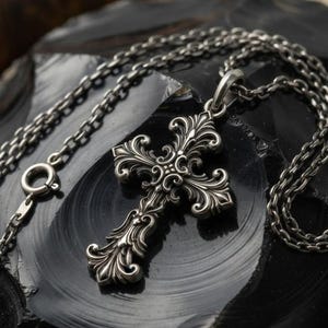 Unique Gothic Cross Sterling Silver Pendant Necklace - Royal Lily Medieval Jewelry
