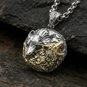 925 Sterling Silver Yin Yang Wolf Pendant Necklace for Men - 14K Gold Plated Accents